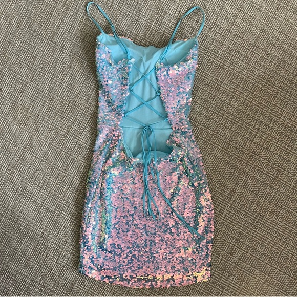 B. Darlin Iridescent Mermaid Open Back Mini Party Dress - Picture 3 of 9